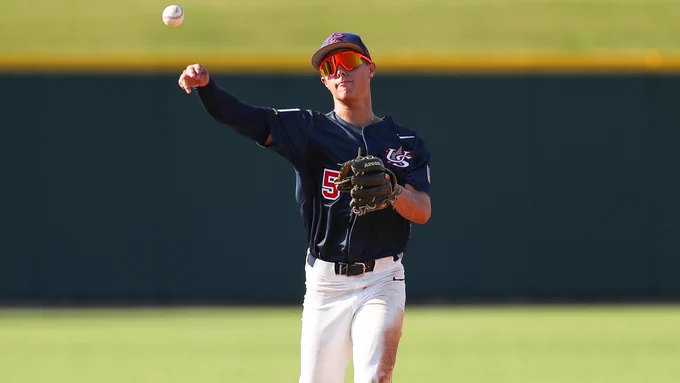 Coy James throws a ball at the 2023 NTDP.