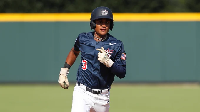 Dean Moss runs the bases at the 2023 NTDP.