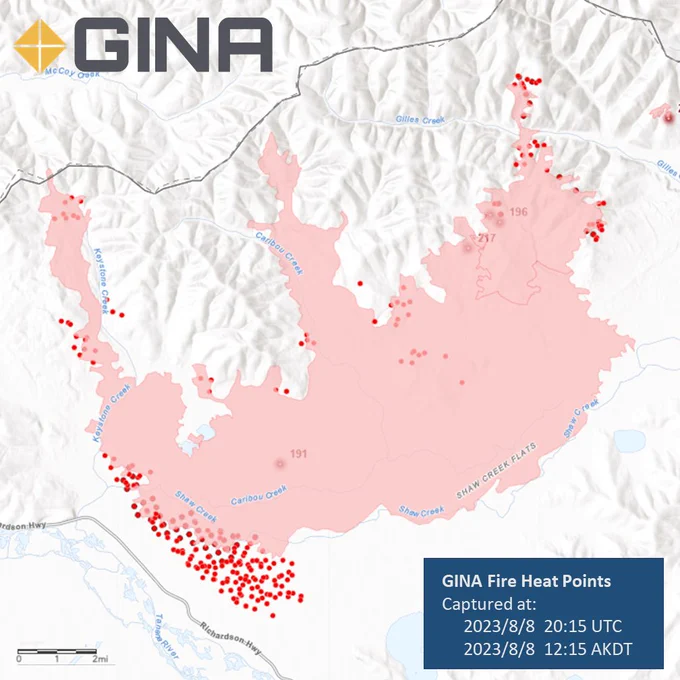 A screenshot from the Alaska Wildland Fire Information page showing fire #191, the Pogo Mine Road Fire. The image shows the shaded area of the fire, with red dots indicating the fire heat points clustered along the edge of the fire perimeter. There is a large cluster of fire points between Shaw Creek and the Richardson Highway. 
