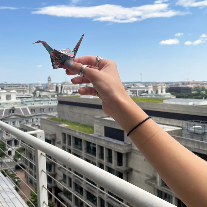 A single hand extended holds a colorful origami crane against the backdrop of the skyline in Washington, D.C.