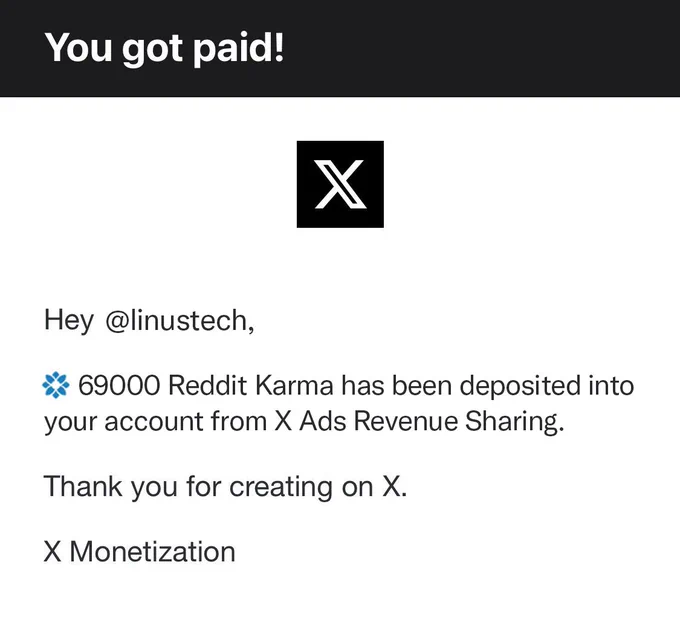 An altered screenshot of an X payout notification with Reddit Karma being paid out to the @linustech account