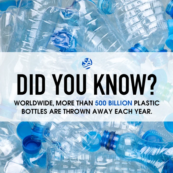 A graphic with plastic disposable water bottles that says, "Did you know? Worldwide, more than 500 billion plastic bottles are thrown away each year."