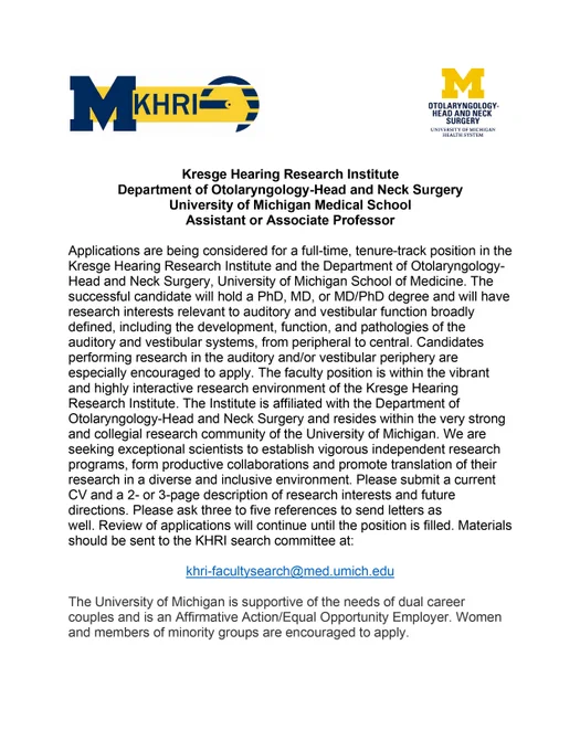 Image of faculty job ad for the Kresge Hearing Research Institute. DM @RobertsNeuro for a text version.