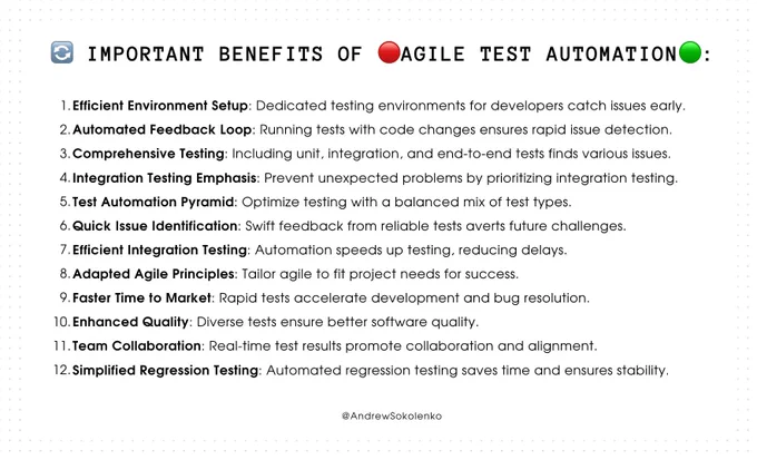 Important benefits of 𝗔𝗴𝗶𝗹𝗲 test automation 🧪

Optimize development with 𝗮𝘂𝘁𝗼𝗺𝗮𝘁𝗲𝗱 𝘁𝗲𝘀𝘁𝗶𝗻𝗴: catch issues early, ensure quality, and collaborate seamlessly.