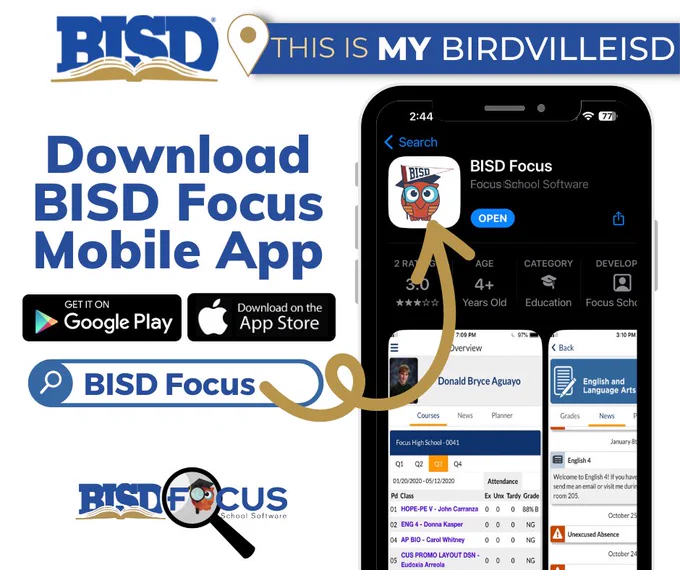 📱 Exciting News! Birdville ISD is introducing the NEW BISD Focus Mobile  App! 🎉

Search for "BISD Focus" in the Google Play store or Apple App Store
Download the App
Sign in with the login username and password you created in Focus

🌟 Download today and stay connected like never before. 📚📲  #BISDFocusApp #ThisismyBirdvilleISD

Note: This replaces the Skyward Family Access App.