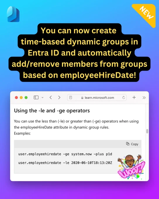 Using the -le and -ge operators
You can use the less than (-le) or greater than (-ge) operators when using the employeeHireDate attribute in dynamic group rules.
Examples:


user.employeehiredate -ge system.now -plus p1d 

user.employeehiredate -le 2020-06-10T18:13:20Z 

