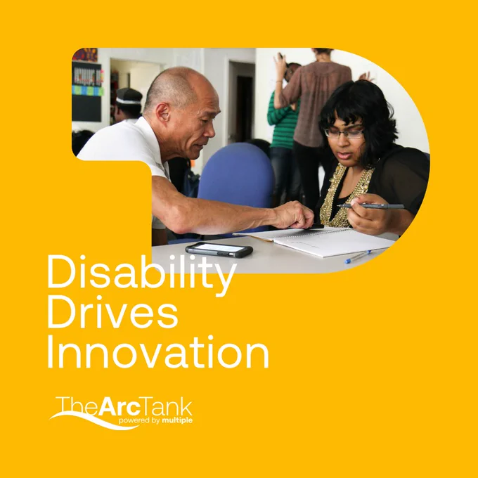 A yellow graphic that reads "disability drives innovation."