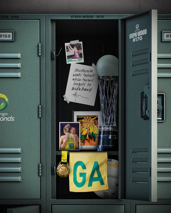 A graphic of a Steph Wood inspired locker, featuring a gold medal, goal attack bib, photos and the Netball World Cup trophy.