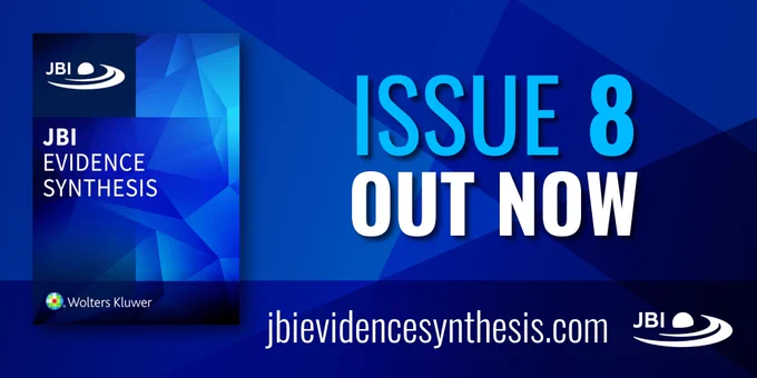Front cover of JBI Evidence Synthesis journal with text 'Issue 8 out now' jbievidencesynthesis.com JBI logo