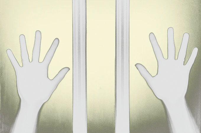 Two hands in silhouette are pressed against a cloudy window.
