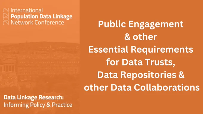 No significant visuals. White text on an orange background reads: International Population Data Linkage Network Conference. Data Linkage Research. Informing Policy and Practice. Public Engagement & other Essential Requirements for Data Trusts, Data Repositories and other Data Collaborations.