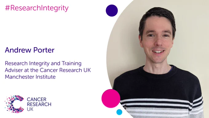 On the right hand side is a photograph of a man. This is accompanied by the caption 'Andrew Porter, Research Integrity and Training Adviser at the Cancer Research UK Manchester Institute' on the left.