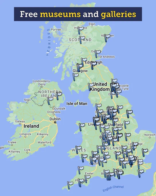 A map of the UK and Ireland with flags at the locations of free museums and galleries.