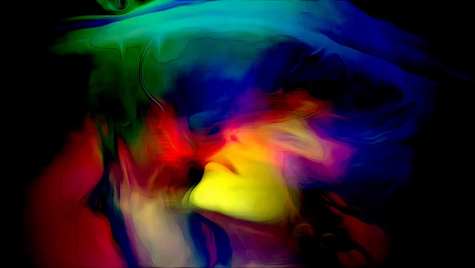 A film still from Meteor, directed by Atefeh Khademolreza. An abstract image of a woman composed of colours including yellow, red, blue, purple, and green.