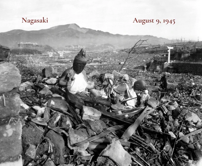 Ruins of a temple destroyed in the atomic bombing of Nagasaki. Dark red text says "Nagasaki" "August 9, 1945"