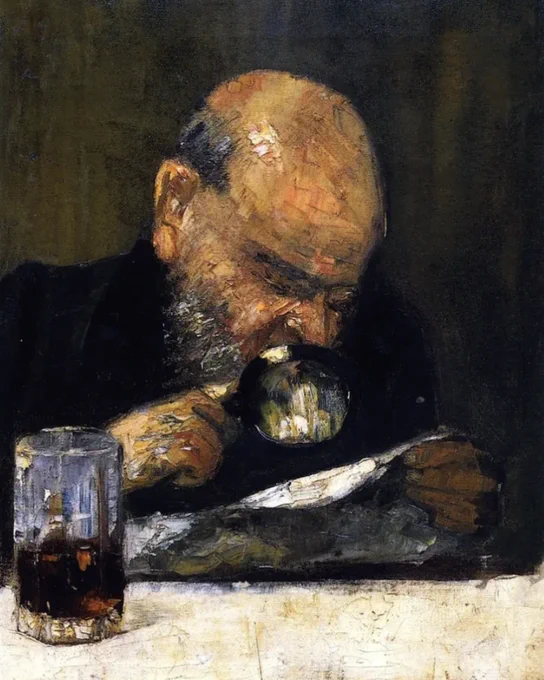  Reader with Magnifying Glass (painting by Lesser Ury, 1895).