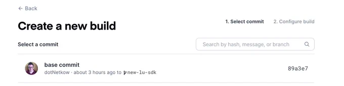 New build screen in Appflow with search bar and placeholder text that says "Search by hash, message, or branch"