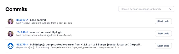 Commits screen in Appflow with search bar and placeholder text that says "Search by hash, message, or branch"