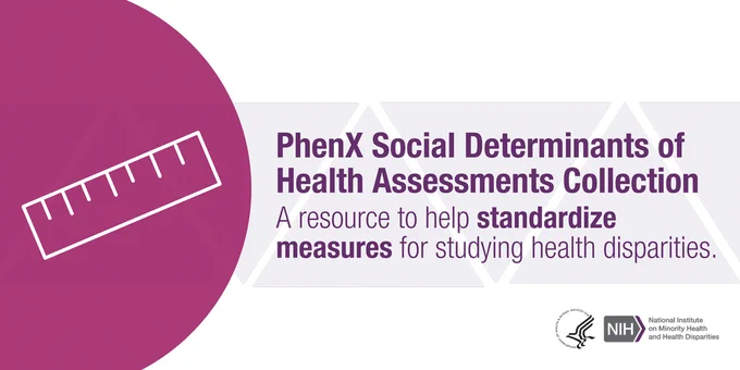 Text Reads: PhenX Social Determinants of Health Assessments Collection
A resource to help standardize measures for studying health disparities.
Logo: Department of Health and Human Services. National Institute of Minority Health and Health Disparities
