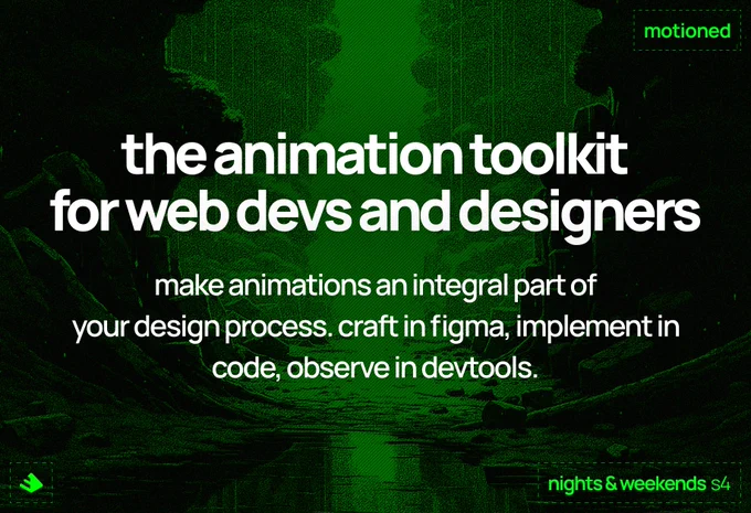 Green hero illustration. Headline says "the animation toolkit for web devs and designers". Subtext says "make animations an integral part of your design process. craft in figma, implement in code, observe in devtools".