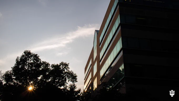 IU South Bend’s campus at dusk.