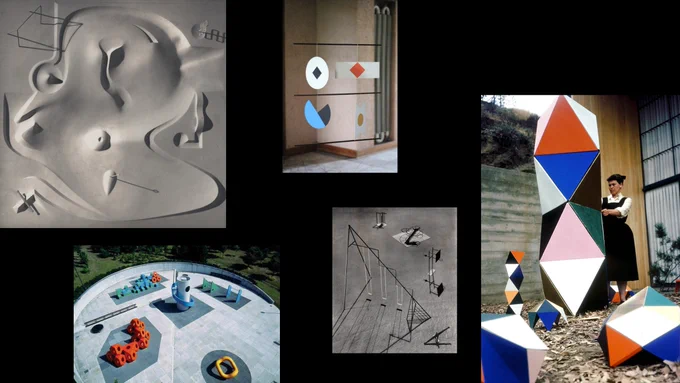 Reference images of the works Isamu Noguchi, Bruno Munari, and Ray and Charles Eames.