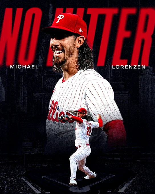 Graphic for Michael Lorenzen throwing a no-hitter. The graphic reads:

No Hitter
Michael Lorenzen

There are two photos of Michael. A larger one of him smiling, and a smaller one of him pitching. In both he is wearing the home pinstripe uniform.