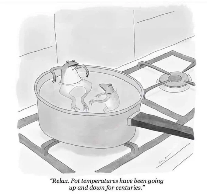 Two frogs in a saucepan, one is saying, "Relax. Pot temperatures have been going up and down for centuries."