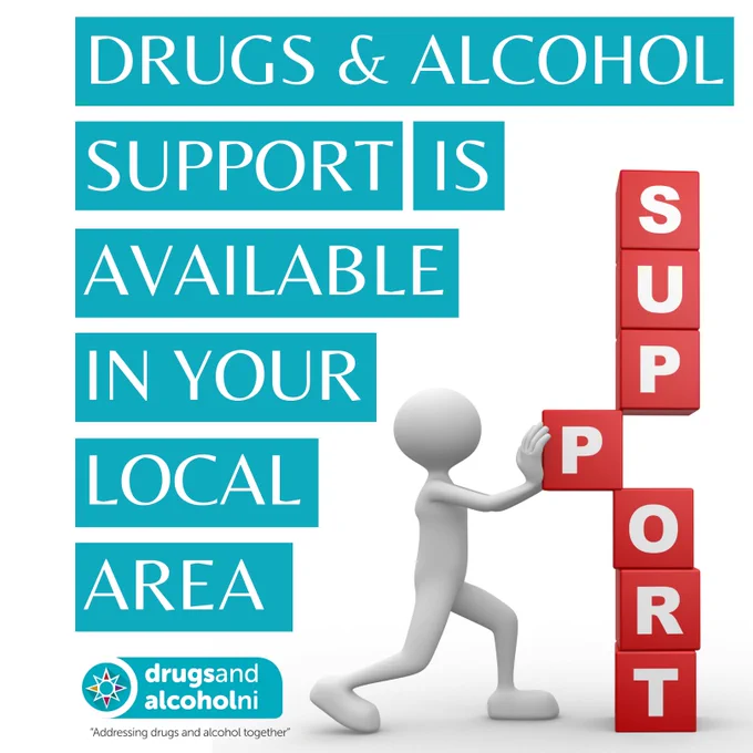 Graphic of a person putting building blocks together that spell out the word "support". With text beside that says: "drugs and alcohol support is available in your local area."