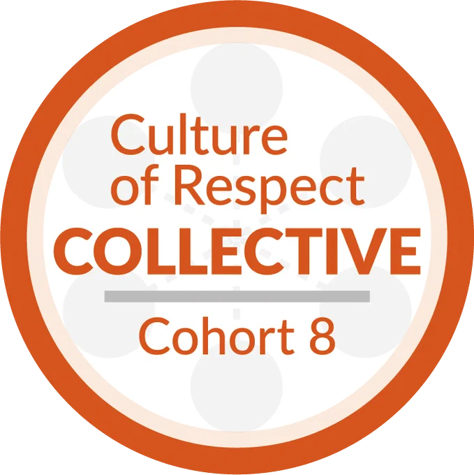 Culture of Respect Collective Cohort 8 bade written in orange text on a white background with transparent light gray circles. 