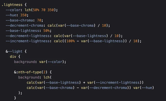 Código CSS:
.lightness {
  --color: lch(50% 70 350);
  --hue: 350;
  --base-chroma: 70;
  --decrement-chroma: calc(var(--base-chroma) / 10);
  --base-lightness: 50%;
  --decrement-lightness: calc(var(--base-lightness) / 10);
  --increment-lightness: calc((100% - var(--base-lightness)) / 10);

  &--light {
    div {
      background: var(--color);

      &:nth-of-type(2) {
        background: lch(
            calc(var(--base-lightness)   var(--increment-lightness))
            calc(var(--base-chroma) - var(--decrement-chroma)) var(--hue)
        );
      }