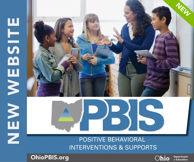Image of an adult woman talking to four young teenagers. Text reads, "NEW WEBSITE. PBIS, Positive Behavioral Interventions & Supports. OhioPBIS.org. Ohio Department of Education." 
