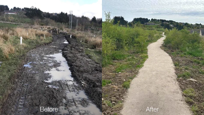 left- before shows a muddy, flooded path. right-after shows a new, dry path