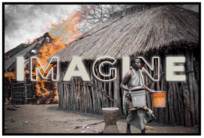A film poster titled "Imagine" with a pastoralist woman saving valuables from a burning household.
