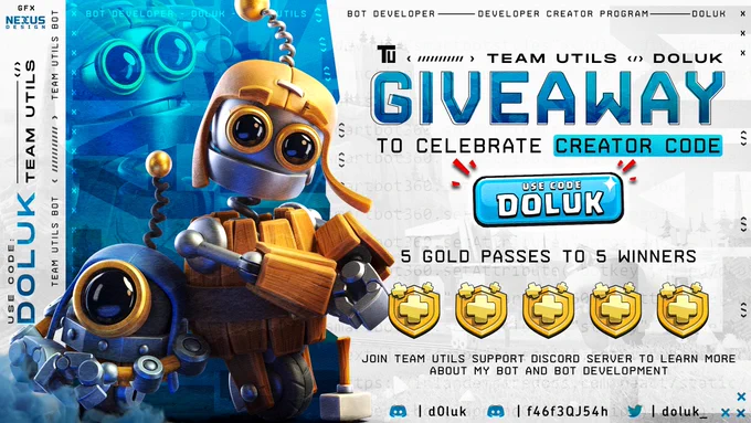 On the left two roboters in clash of clans theme. Text on the right part: Giveaway to celebrate creator code "Doluk". Below a blue button with "use code Doluk". At the bottom 5 gold passes to 5 winners. 