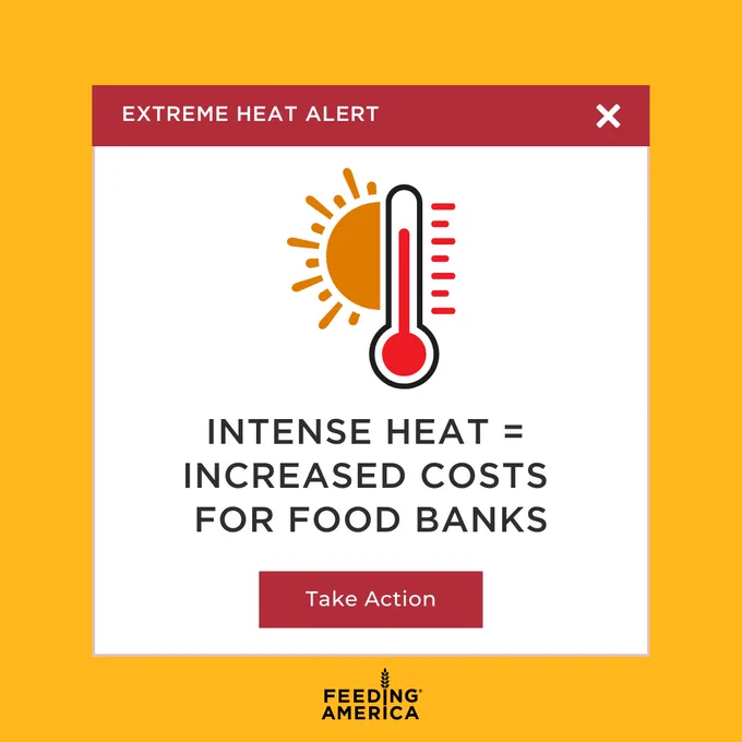 Extreme Heat Alert Box. Sun and thermometer. Intense heat equals increased costs for food banks. Take action button. Feeding America logo