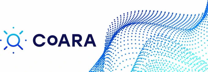 CoARA logo with graphic elements in blue wave shape on the right side.