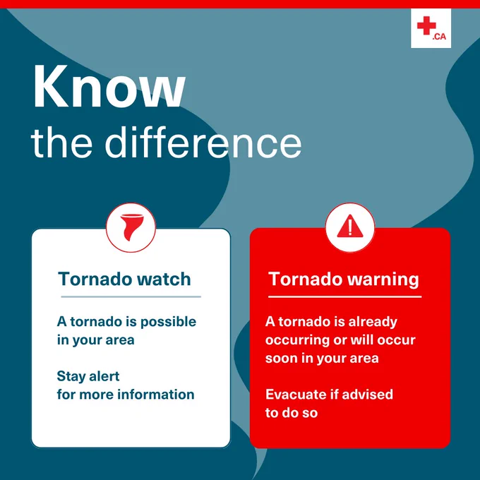 Know the difference
Symbol of a tornado
Tornado watch
A tornado is possible in your area
Stay alert for more information
Exclamation mark inside a triangle
Tornado warning
A tornado is already occurring or will occur soon in your area
Evacuate if advised to do so