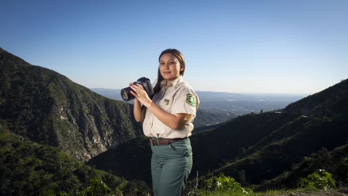 📷 Public Affairs Specialist Keila Vizcarra on the Angeles National Forest, high on the San Gabriel Mountains, outside the greater Los Angeles area, Feb. 9, 2023. (USDA Forest Service photo by Preston Keres)