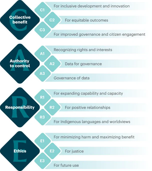 A graphical summary of the four main principles of the CARE Principles for Indigenous Data Governance