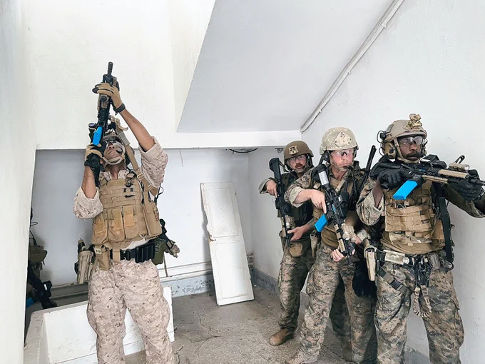 U.S. Reconnaissance Marines with 3rd Force Reconnaissance Company, 4th Marine Division, conduct Close Quarters Tactics (CQT) with Tunisian Regiment Commandos Marine (RCM) as part of African Lion 23 in Bizerte, Tunisia on May 25, 2023. CQT consist of training in a close quarters environment with explosive and ballistic breaching tactics, techniques, and procedures. African Lion is part of an ongoing military cooperation between the United States and Tunisia, which aims to enhance security in Tunisia. Eighteen nations and approximately 8,000 personnel will participate in African Lion 2023, U.S. Africa Command’s largest annual combined, joint exercise that will take place in multiple countries to include Tunisia from May 13 – June 18, 2023. (U.S. Marine Corps photo by Major Lara Soto)