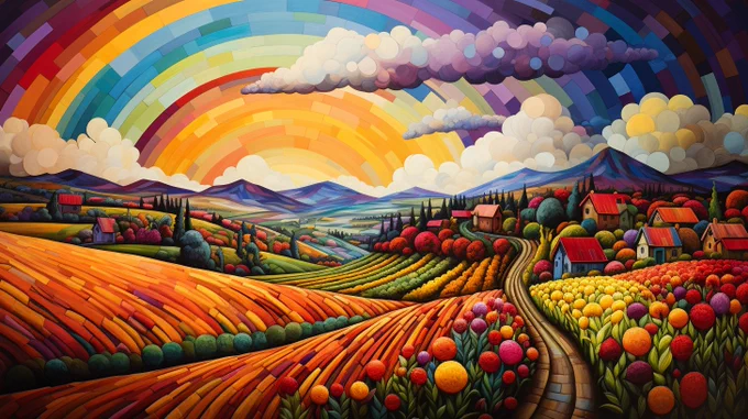 beautiful landscape, oil painting, vibrant colors, thick brush strokes, pointillism, in the style of bauhaus, geometric, hexadecimal --ar 16:9 --s 250