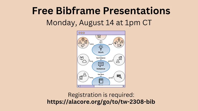 Free Bibframe Presentations on Monday, August 14 at 1pm CT. Registration is required: https://alacore.org/go/to/tw-2308-bib