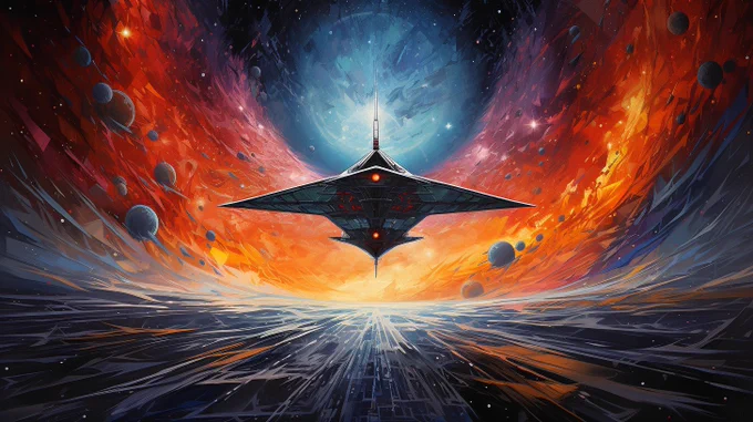 spaceship in a fractal galaxy, oil painting, vibrant colors, thick brush strokes, pointillism, in the style of bauhaus, geometric, hexadecimal --ar 16:9 --s 250