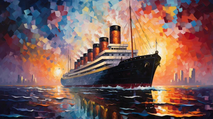 a ship sailing in the sea, oil painting, vibrant colors, thick brush strokes, pointillism, in the style of bauhaus, geometric, hexadecimal --ar 16:9 --s 250