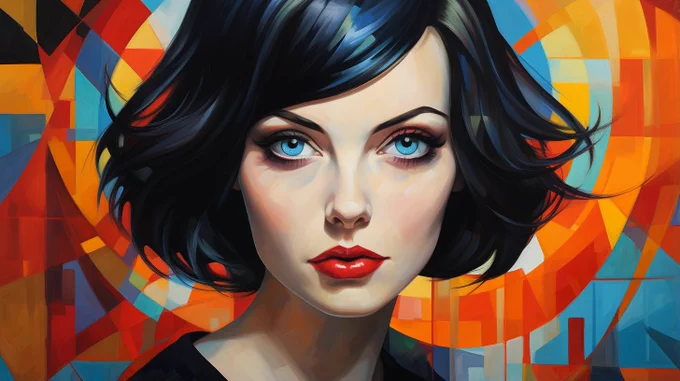 beautiful woman, oil painting, vibrant colors, thick brush strokes, pointillism, in the style of bauhaus, geometric, hexadecimal --ar 16:9 --s 250