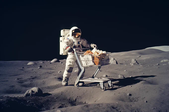 An apollo astronaut on the moon, pushing a shopping cart, 1960s photograph --ar 3:2