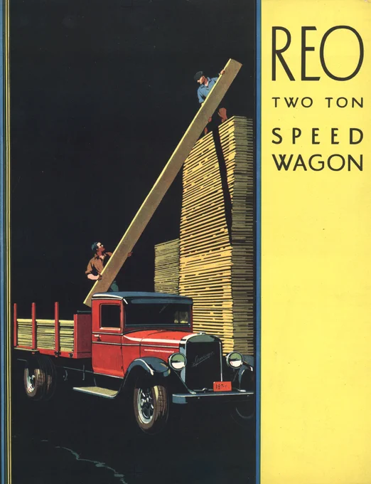 Color advertisement with artwork showing two men unloading lumber off of a red REO truck. Graphic text reads "REO TWO TON SPEED WAGON"