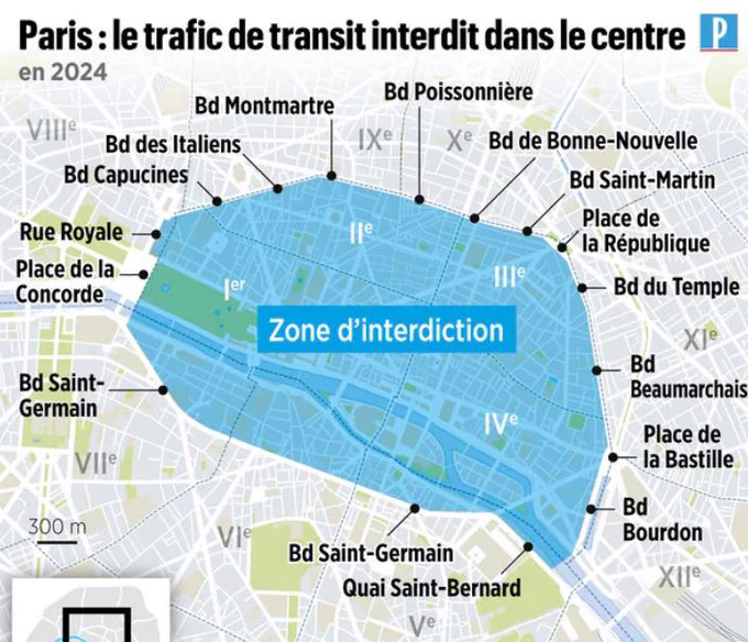 Karte von Paris, wo das Durchgangsverbot ab 2024 gelten soll.