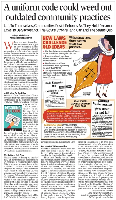 Article titled 'A uniform code could weed out outdated community practices'.